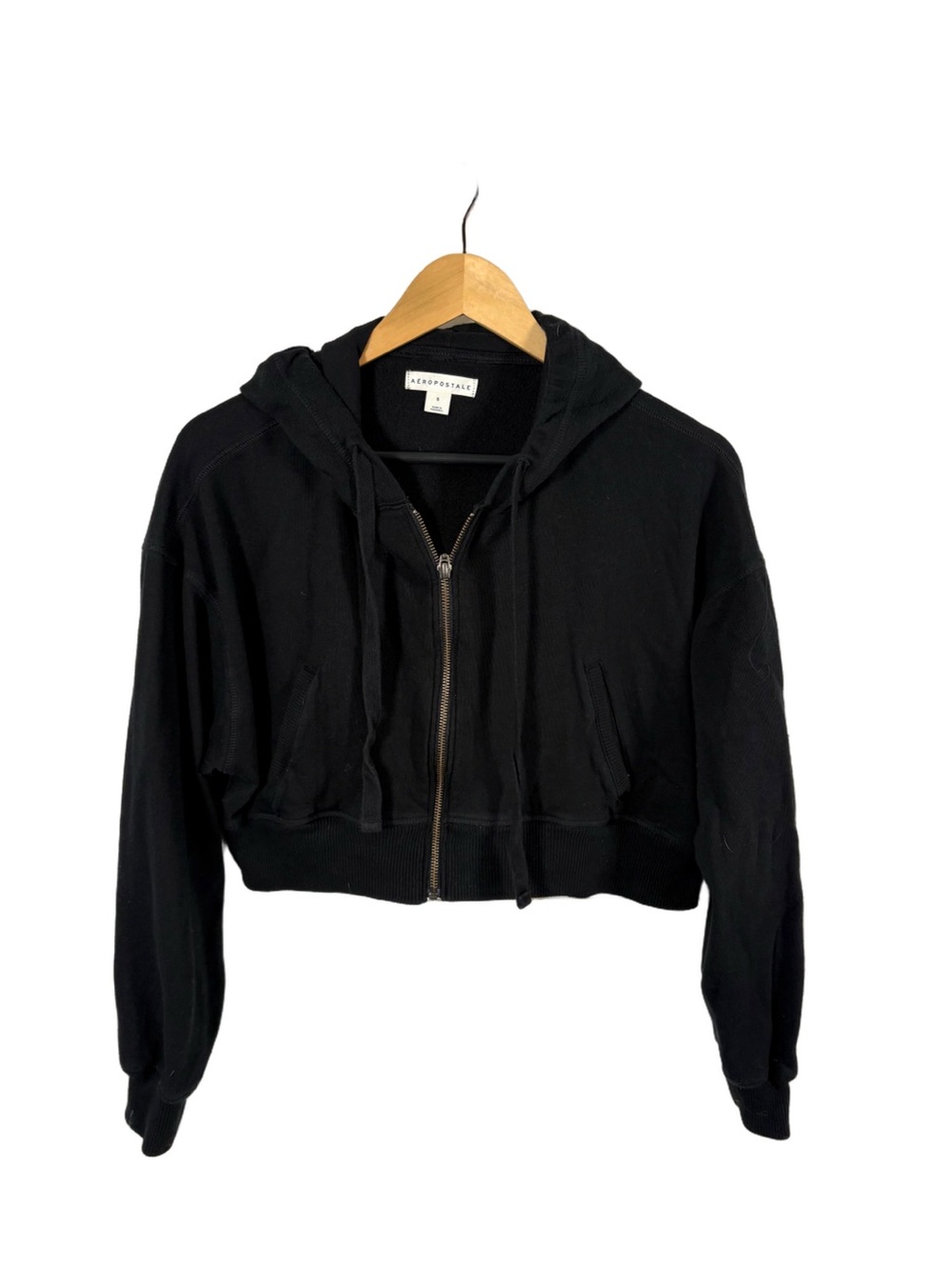 Aeropostale Black Cropped Full Zip Hoodie Small Fleece Sweatshirt Pockets